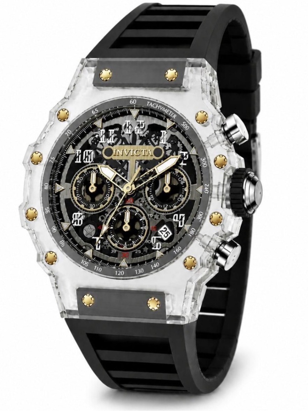 Invicta Transparent Case Black Dial Sport Chronograph with Gold Accents